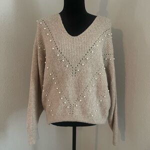 SHEIN Beige V-Neck Sweater with Pearl Details